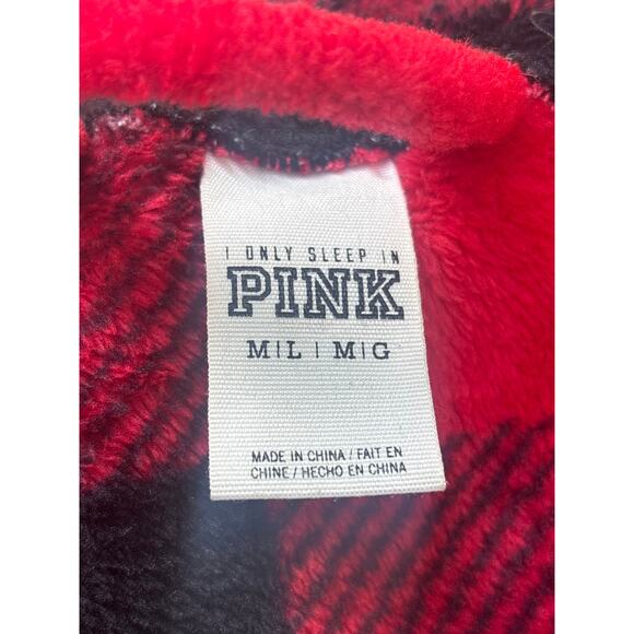 Victorias Secret Plush Robe Cardigan M/L Silver Sequin Dog Logo Red Black Check - Picture 8 of 11